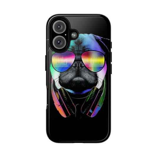 Pug with headphones on a neon-themed magnetic tough phone case