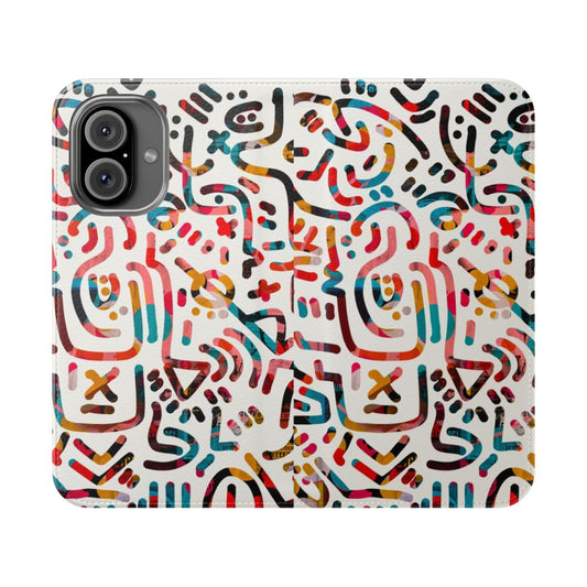 Vibrant graffiti-inspired flip cover phone case with abstract symbols and designs