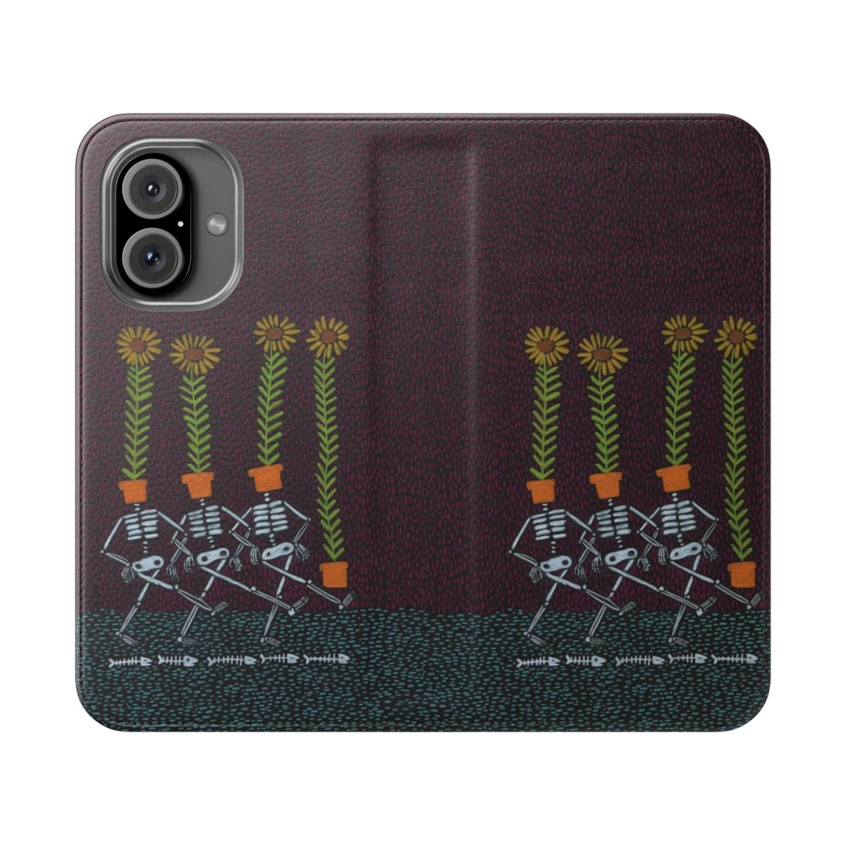 Colorful flip phone case featuring a detailed sunflower skeleton design