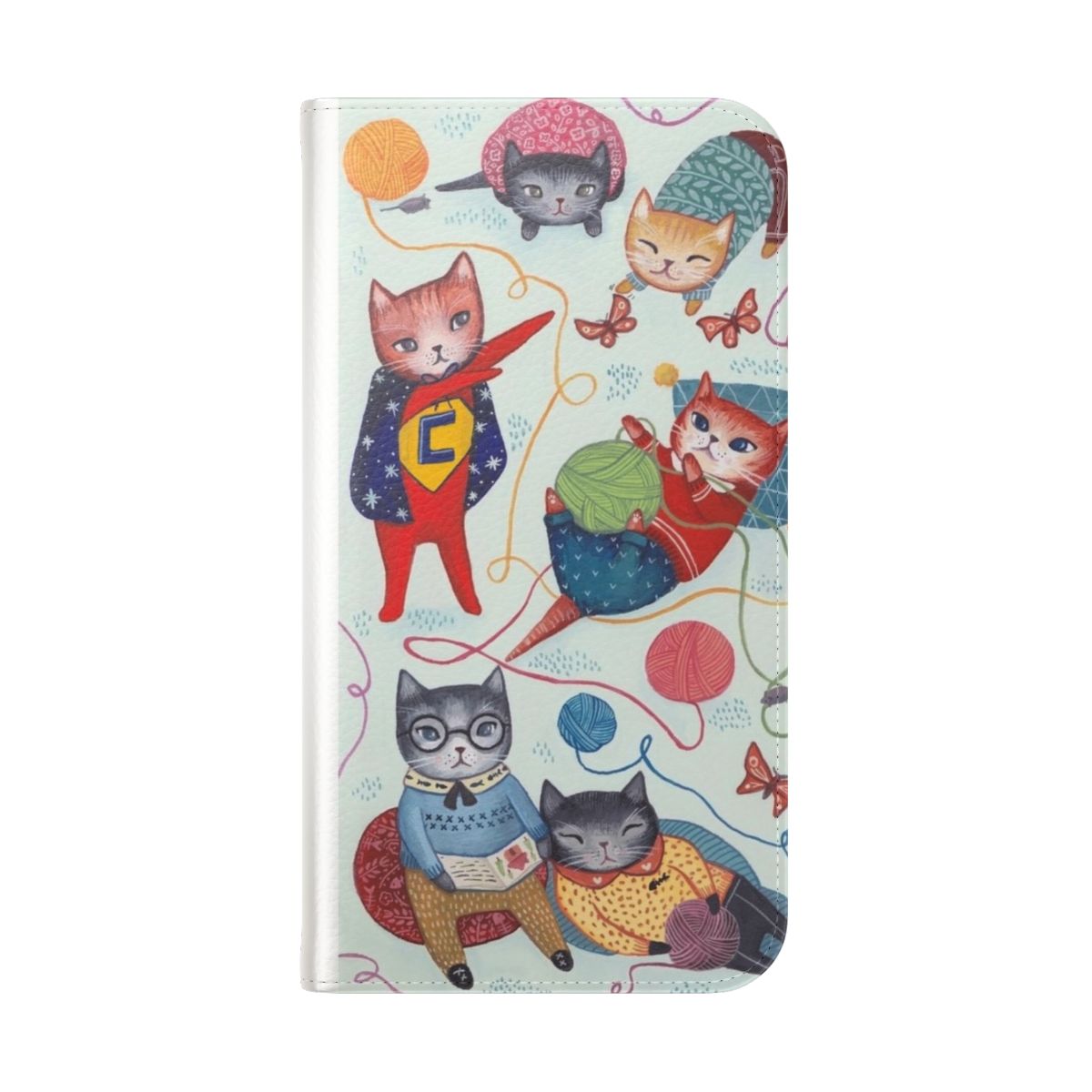 Vibrant flip cover phone case featuring a playful pattern of kittens, cats, and colorful designs. - Folded Back