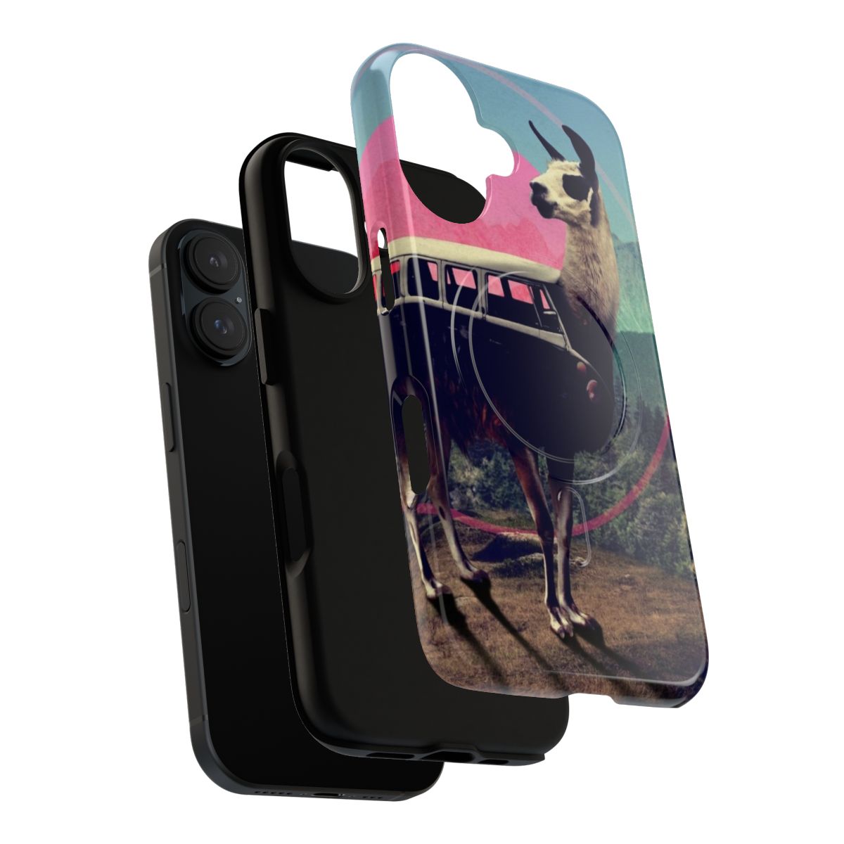 Llama-themed phone case with a colorful, graphic collage design - Layers