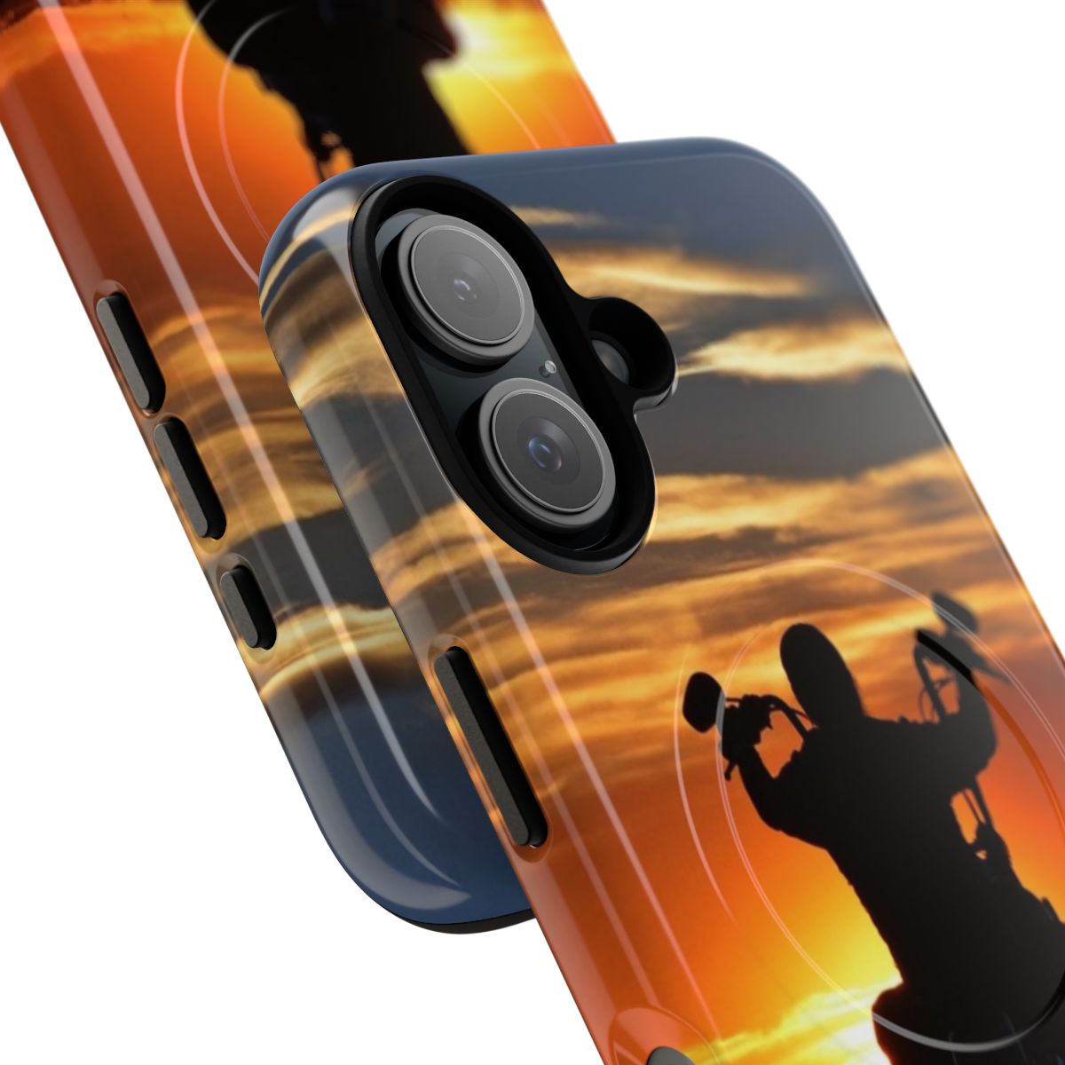 Motorcycle silhouette against a vibrant sunset sky on a durable phone case. - Detail