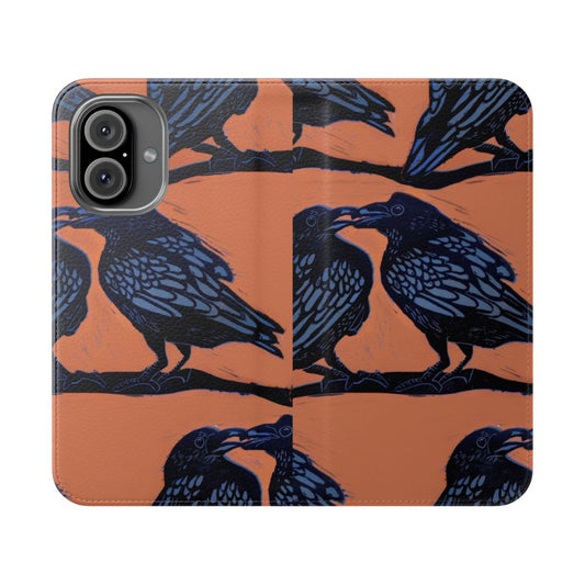 Close-up image of an orange and black crow pattern printed on a flip phone case.