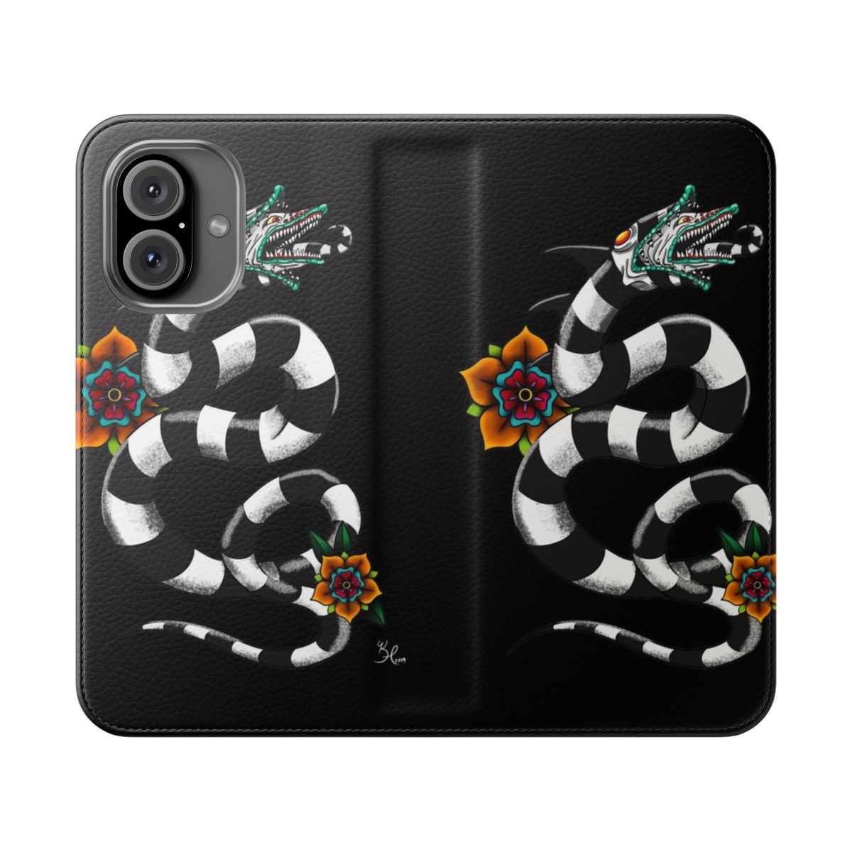 A black and white flip cover phone case featuring a spooky, gothic-inspired design with a snake-like creature.