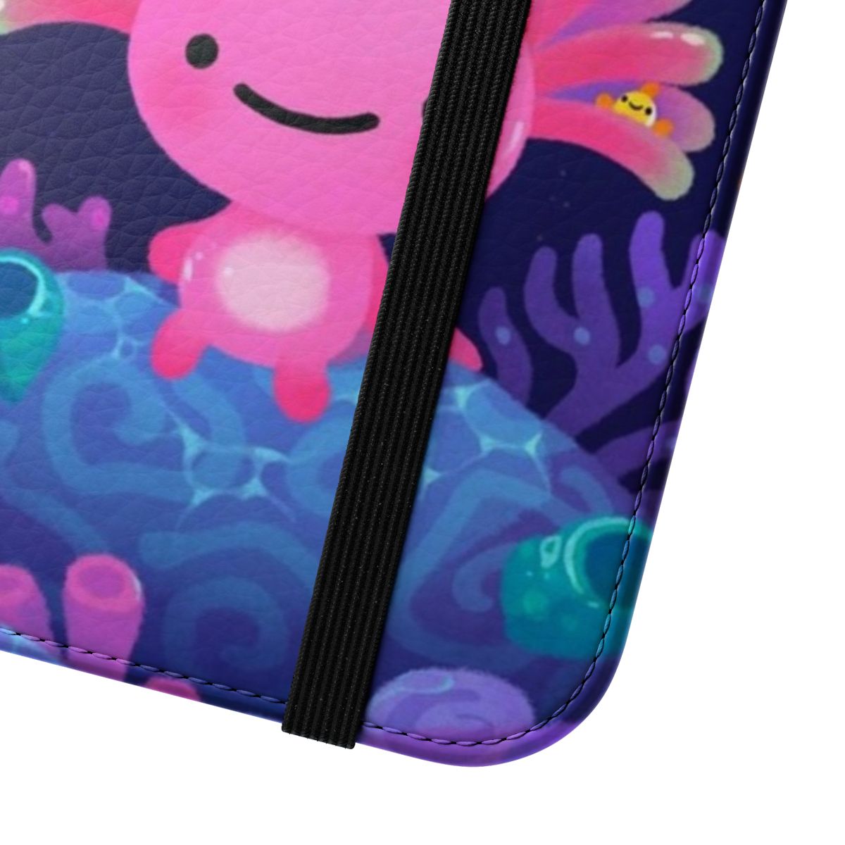 Coral axolotl themed flip cover phone case with a cute and kawaii design - Close Up