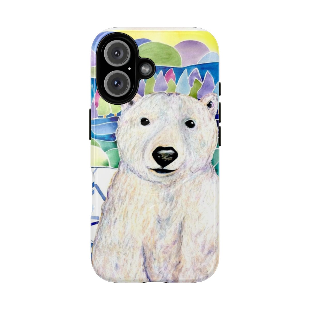 Colorful, textured phone case featuring a detailed illustration of a polar bear in the Arctic tundra