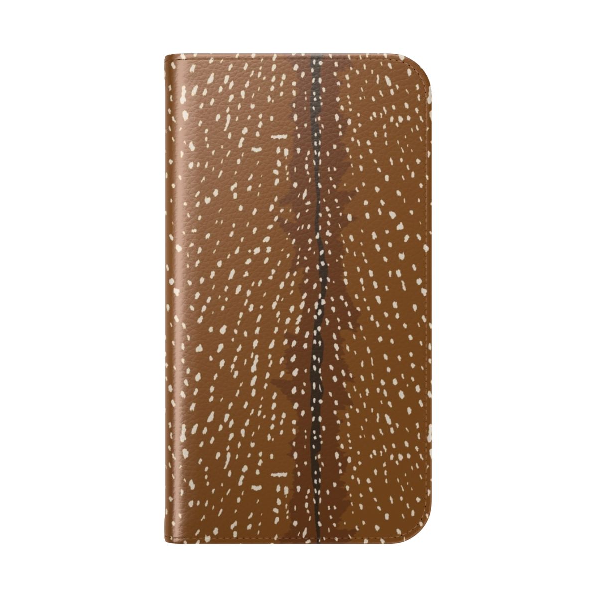 Closeup photo of a cute baby deer or fawn with spotted fur pattern, used as a design for a protective flip cover phone case - Folded Back