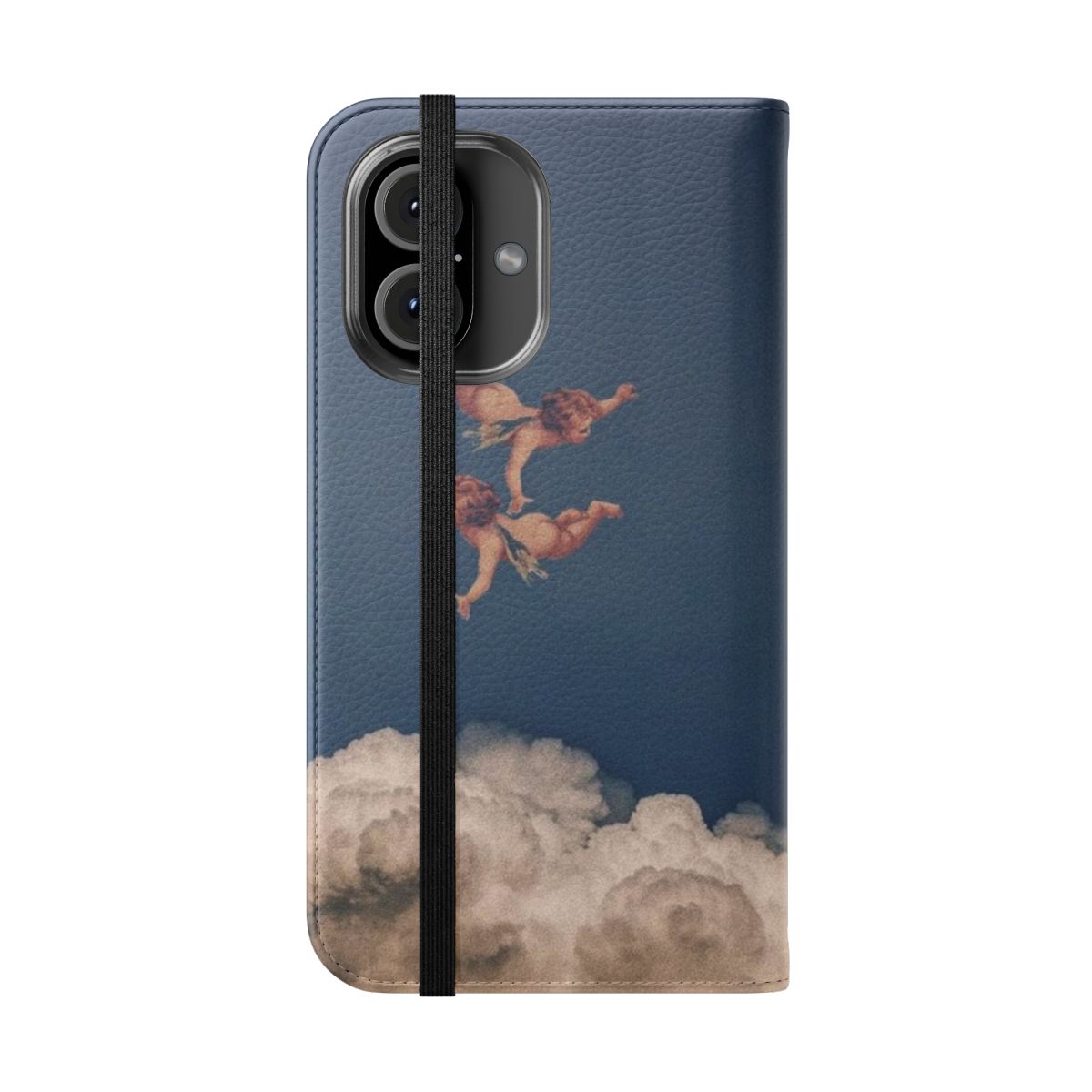 Vintage-style flip phone case with a beautiful, classic renaissance-inspired cherub design. - Folded Front