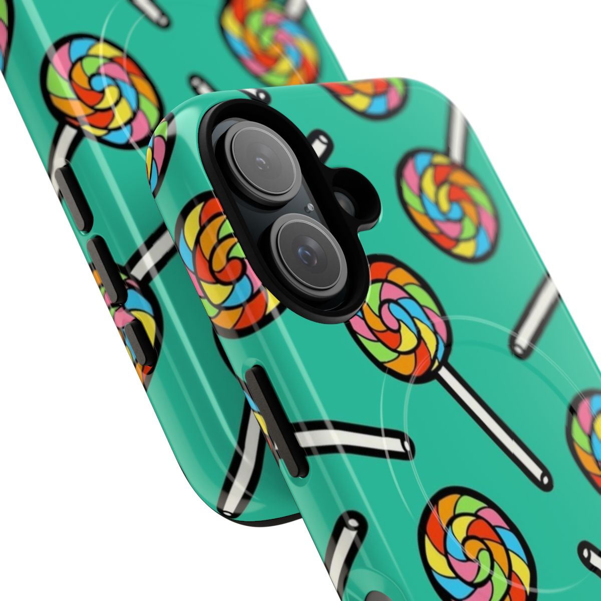 Colorful rainbow lollipop pattern on a protective phone case - Detail