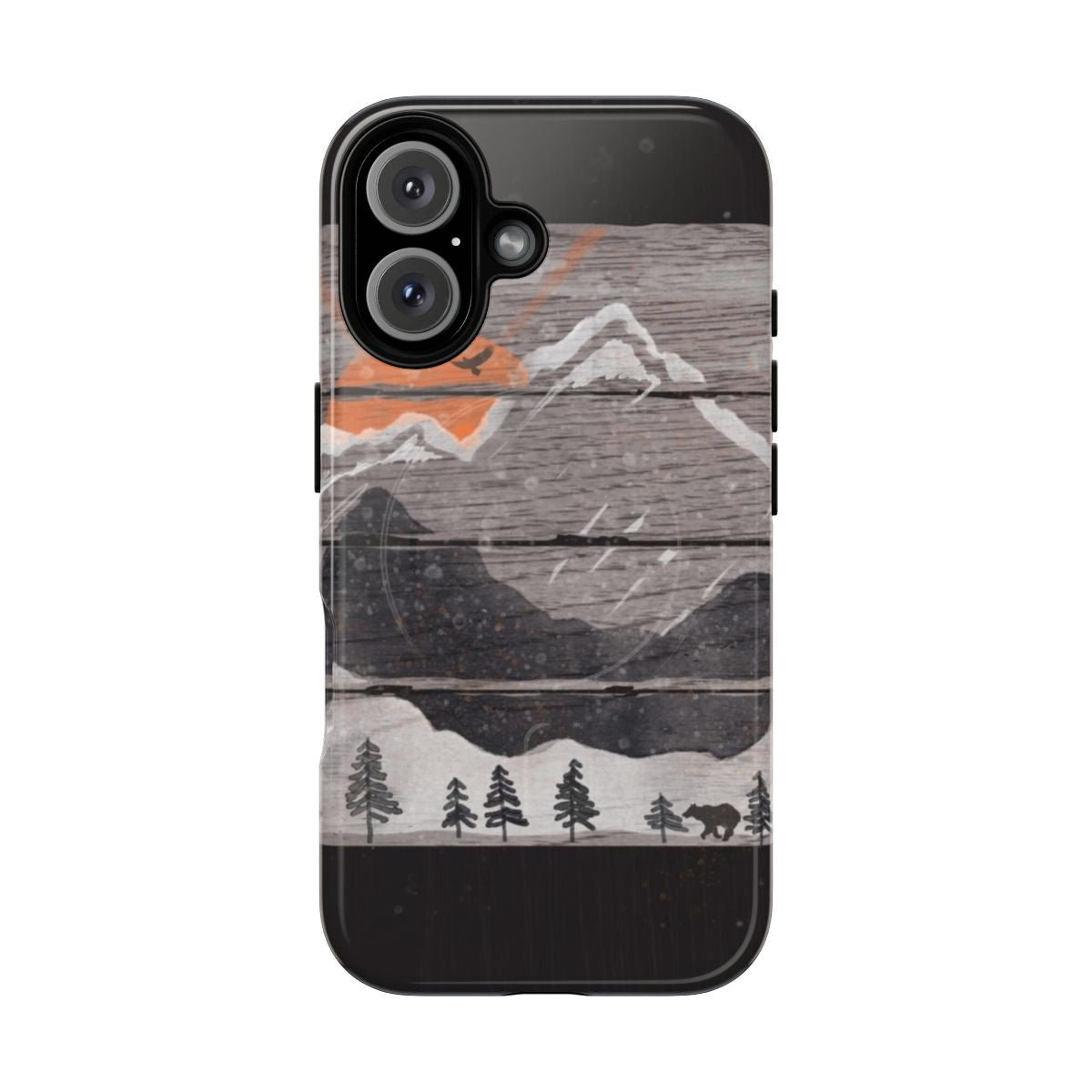 A rugged phone case with a nature-inspired design, featuring mountains, wildlife, and a scenic sunset.