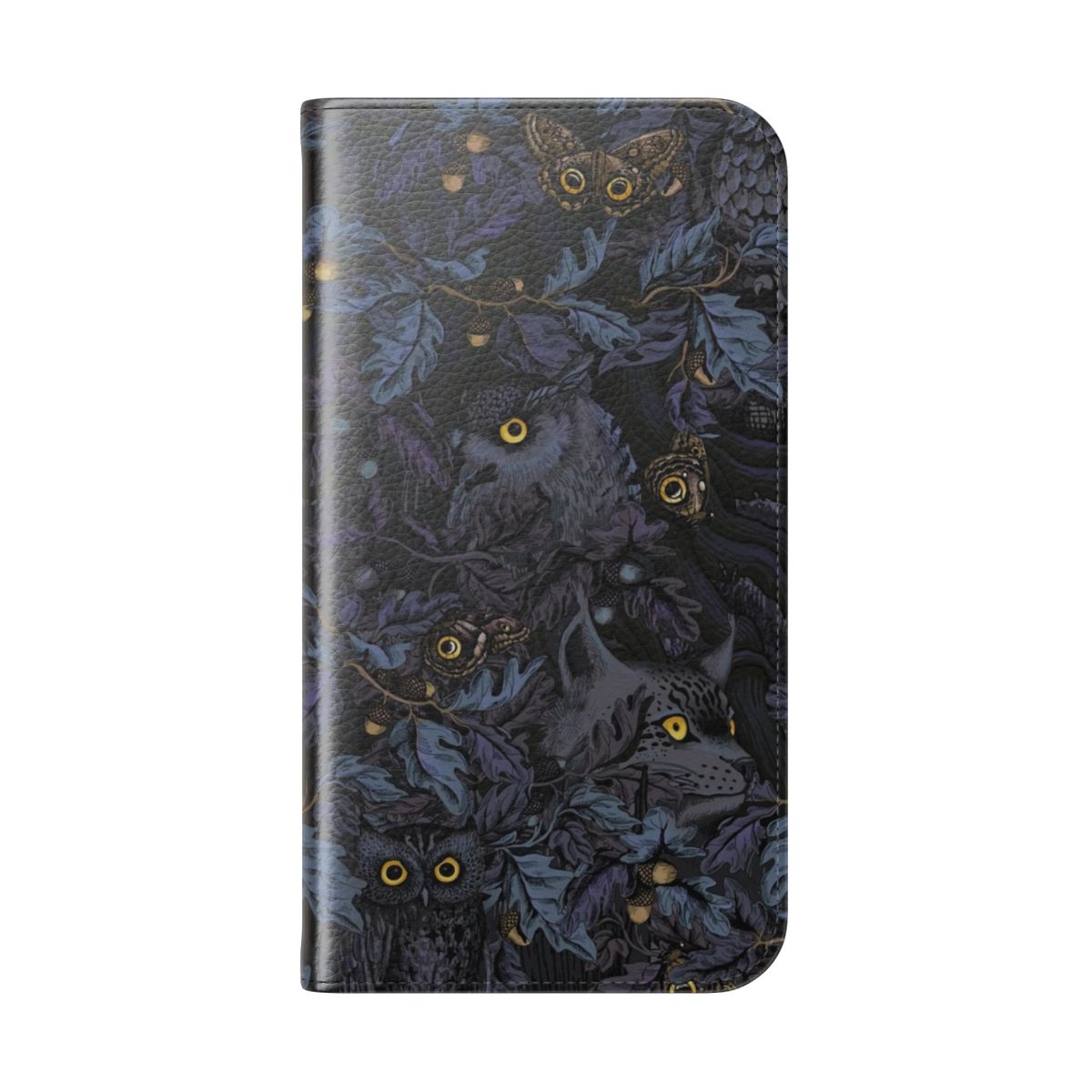 Flip cover phone case with a nature-inspired camouflage design in shades of blue - Folded Back