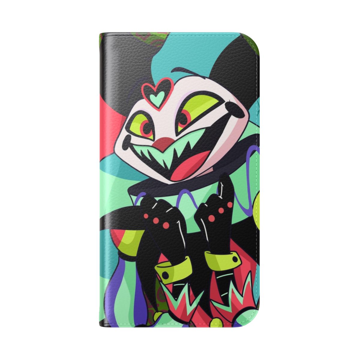 Fizzarolli-inspired flip cover phone case with a vibrant, colorful design for Helluva Boss fans - Folded Back