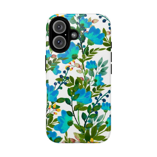 A vibrant blue and teal floral phone case with a botanical, nature-inspired design.