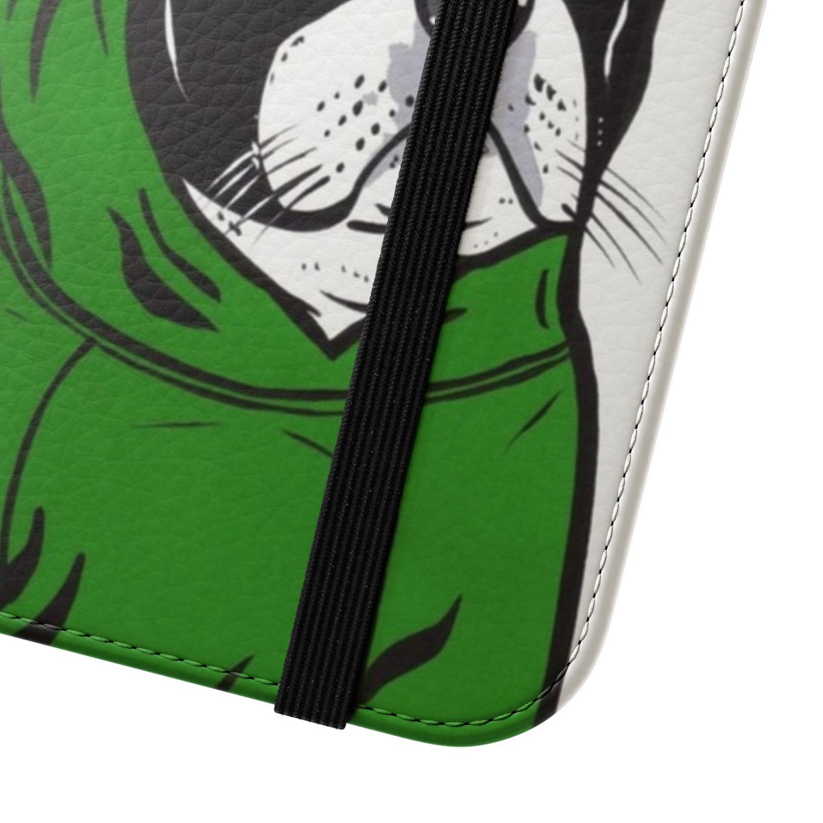 Boston Terrier in a green hoodie on a flip cover phone case with a pop art style design. - Close Up