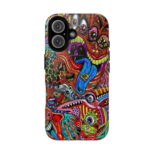 Trippy cartoon phone case with colorful psychedelic abstract art design