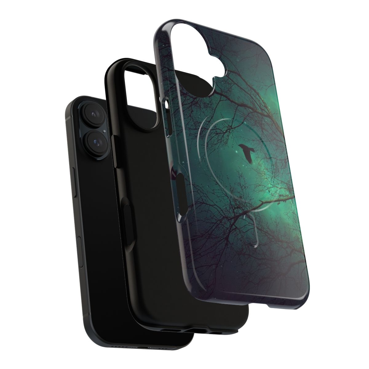 Artistic phone case featuring a night forest scene with silhouetted trees, birds in flight, and a teal sky - Layers