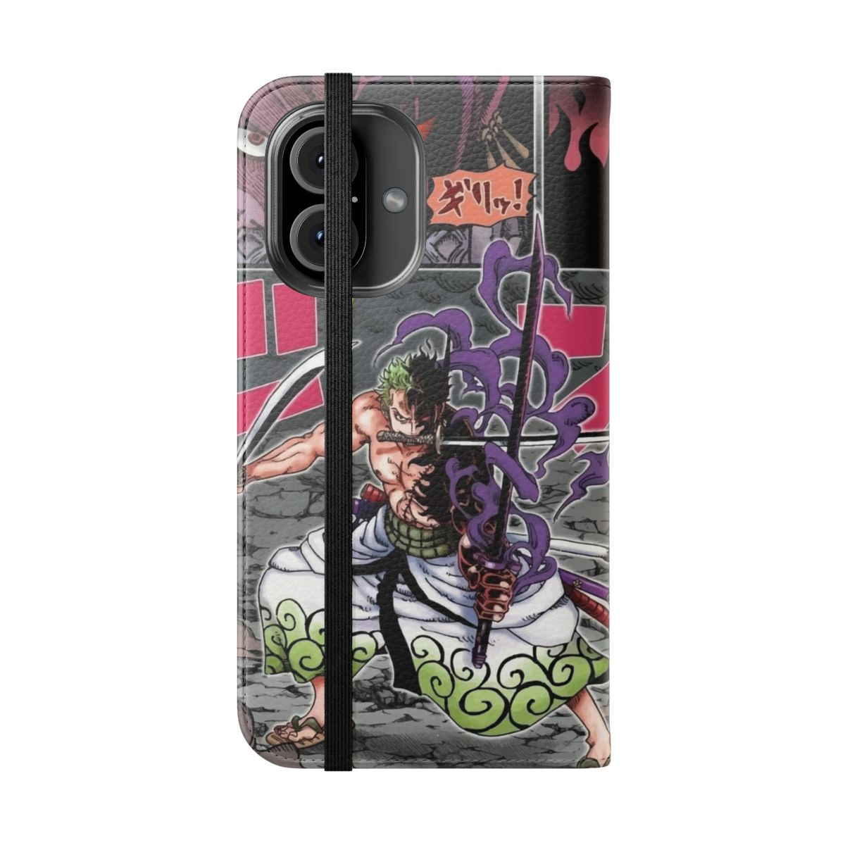 Anime-inspired One Piece Zoro themed flip cover phone case - Folded Front