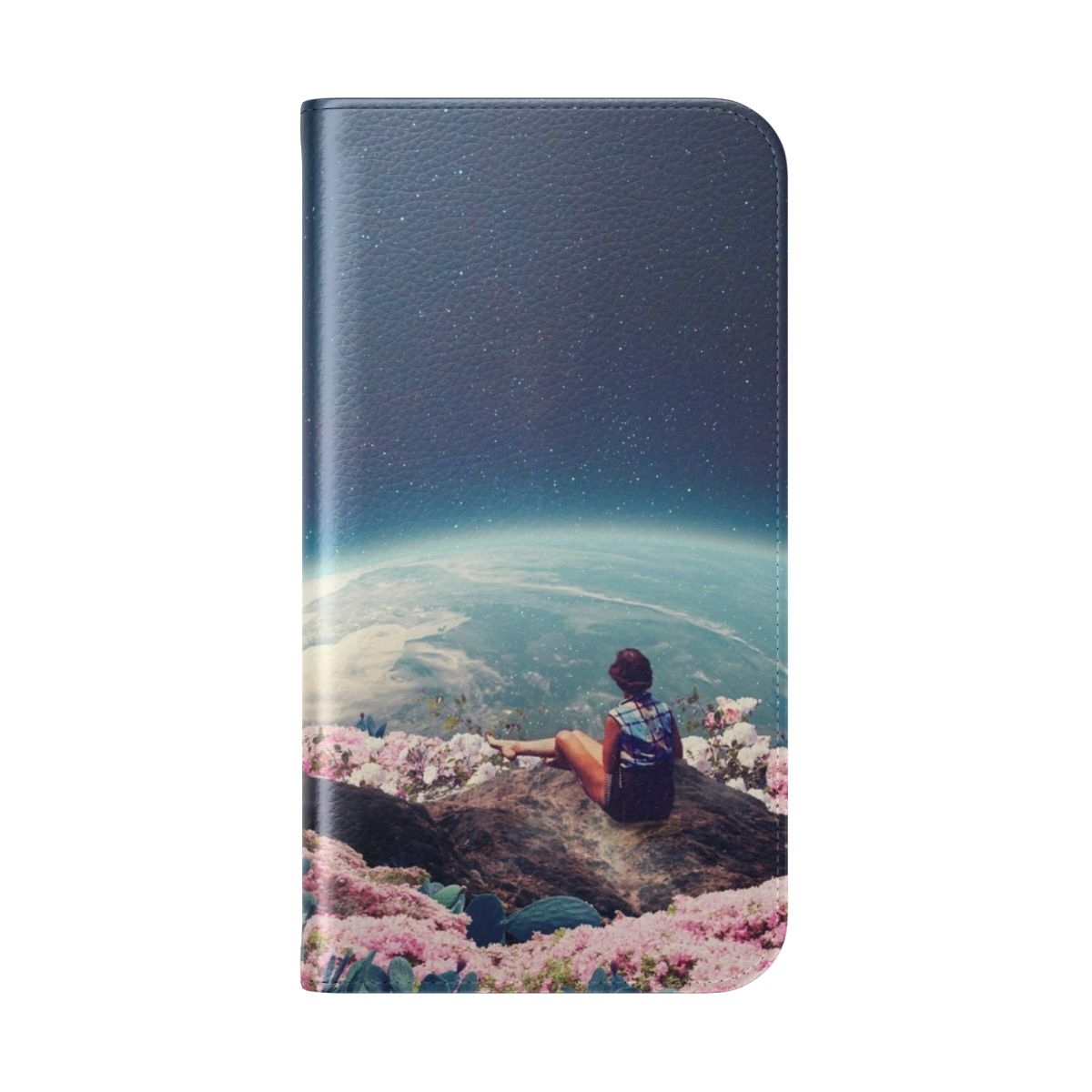 Vintage-style floral collage phone case depicting a woman among stars and planets - Folded Back