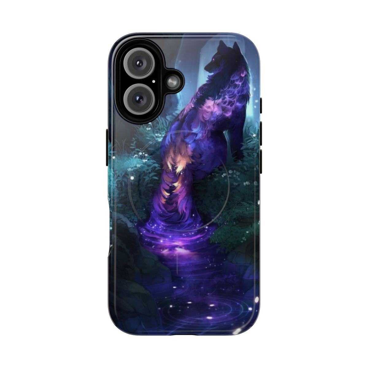 Luminous phone case with a wolf, stars, and a galaxy design