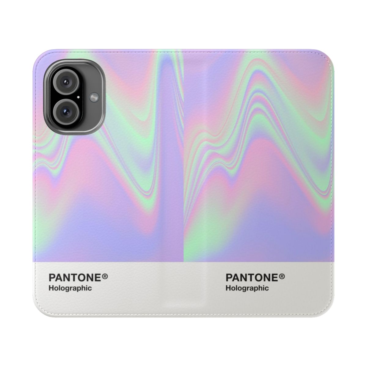 Shimmering holographic gradient phone case with vibrant colors and a stylish flip cover design.