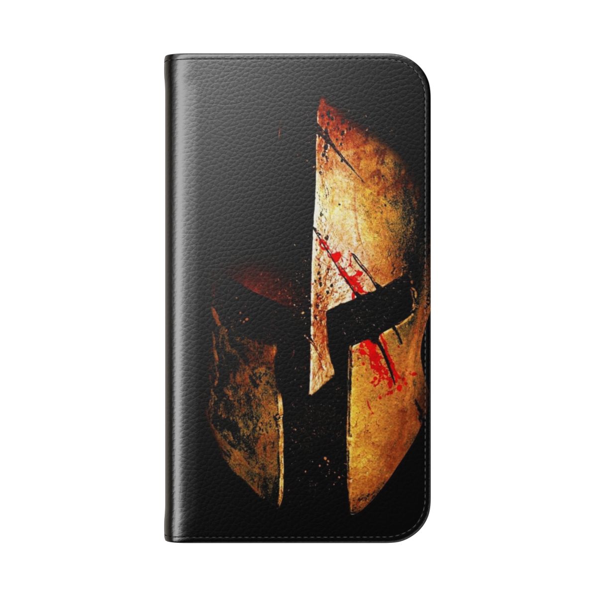 Spartan-themed flip cover phone case with dark art and bloody drip design - Folded Back