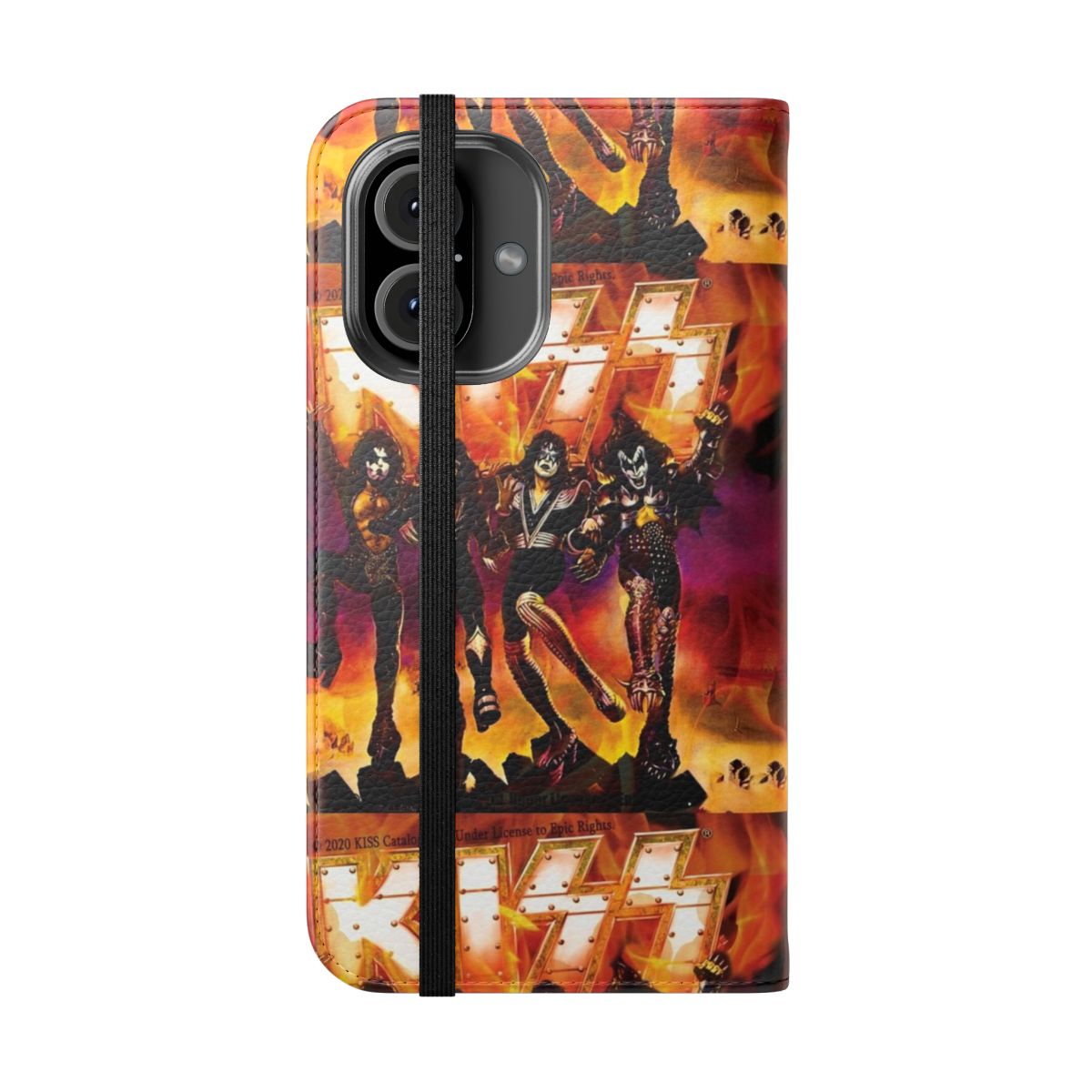 Flip cover phone case featuring artwork inspired by the rock band KISS. - Folded Front