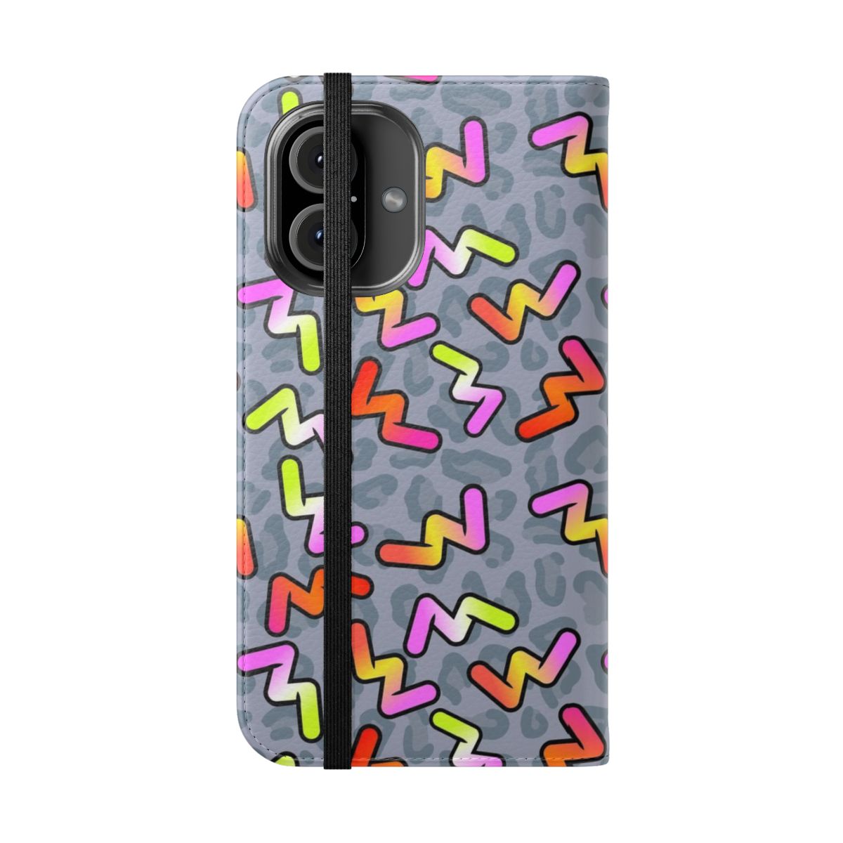 A stylish 90s-themed phone case featuring a vibrant pattern, inspired by Formula 1 driver Daniel Ricciardo. - Folded Front