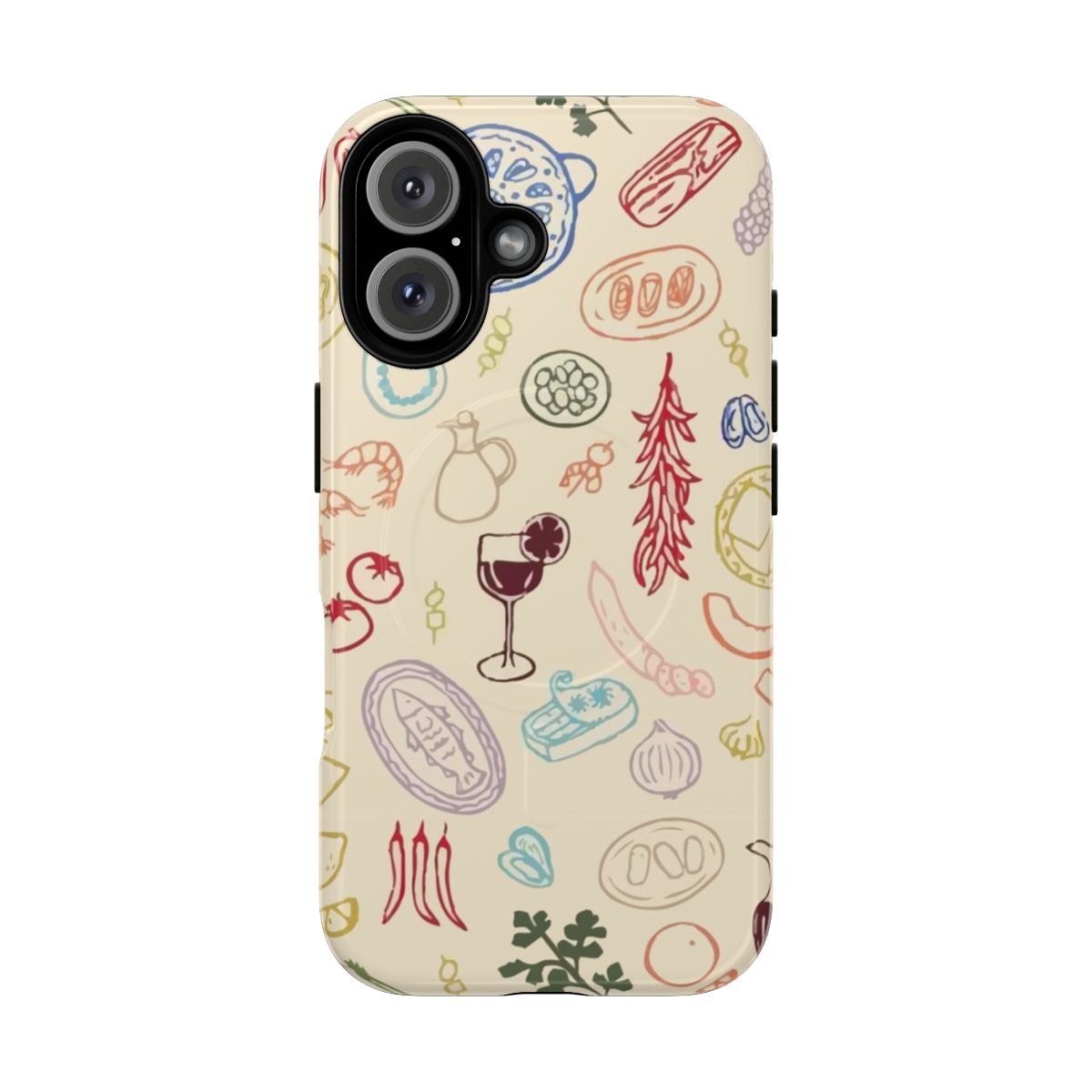 Colorful and stylish phone case featuring an Amalfi-inspired pattern with fruits and sketches.