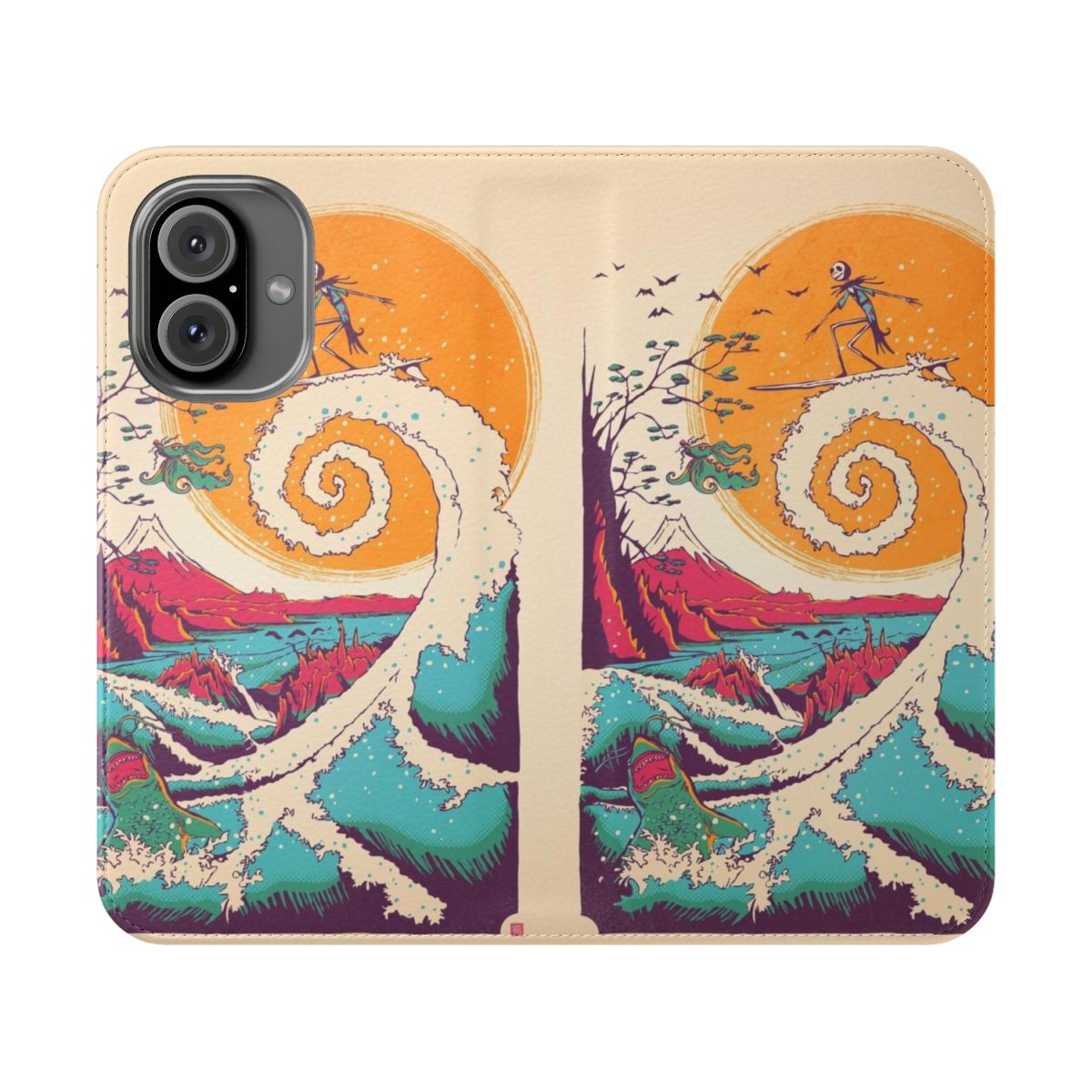 A phone case with a Halloween and Christmas themed design featuring surfers, waves, and characters from The Nightmare Before Christmas.