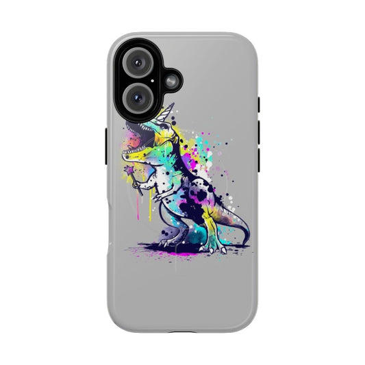 Colorful unicorn and dinosaur hybrid Unicornosaurus rex design on a protective phone case