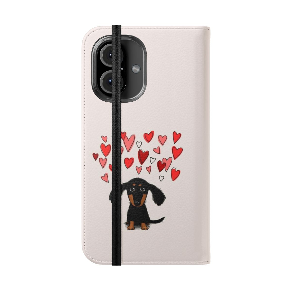 Dachshund puppy dog with pink and red hearts on a black and tan flip cover phone case - Folded Front