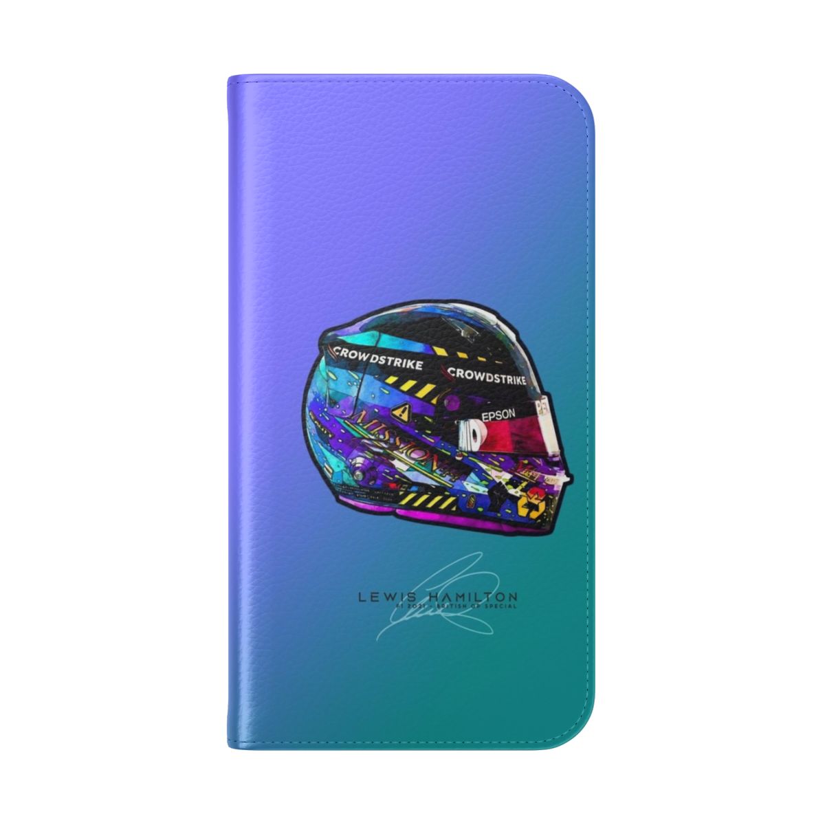 Flip cover phone case with British GP inspired Lewis Hamilton Mercedes helmet artwork - Folded Back