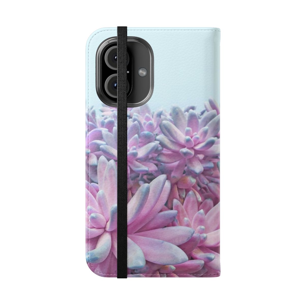 A stylish flip phone case featuring a vibrant display of succulents and plants. - Folded Front