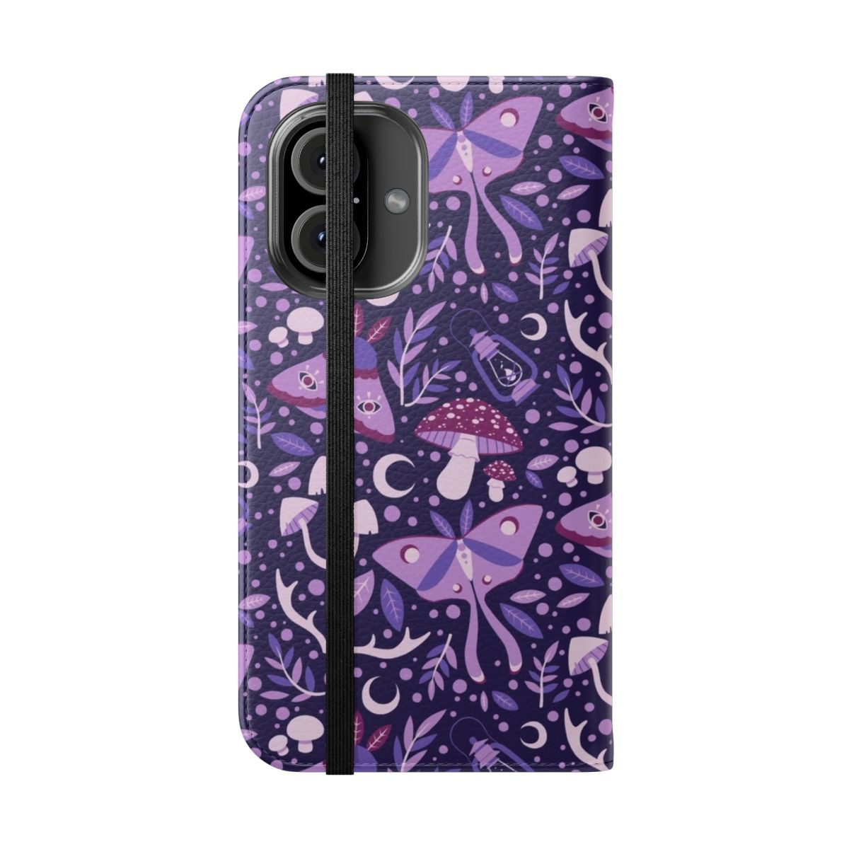 A flip cover phone case featuring a whimsical, nature-inspired design with moths, mushrooms, and other forest elements in shades of purple. - Folded Front