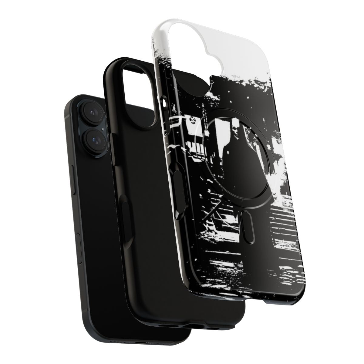 Magnetic tough phone case featuring a dramatic black and white silhouette of a samurai warrior in a minimalist, gothic aesthetic design. - Layers