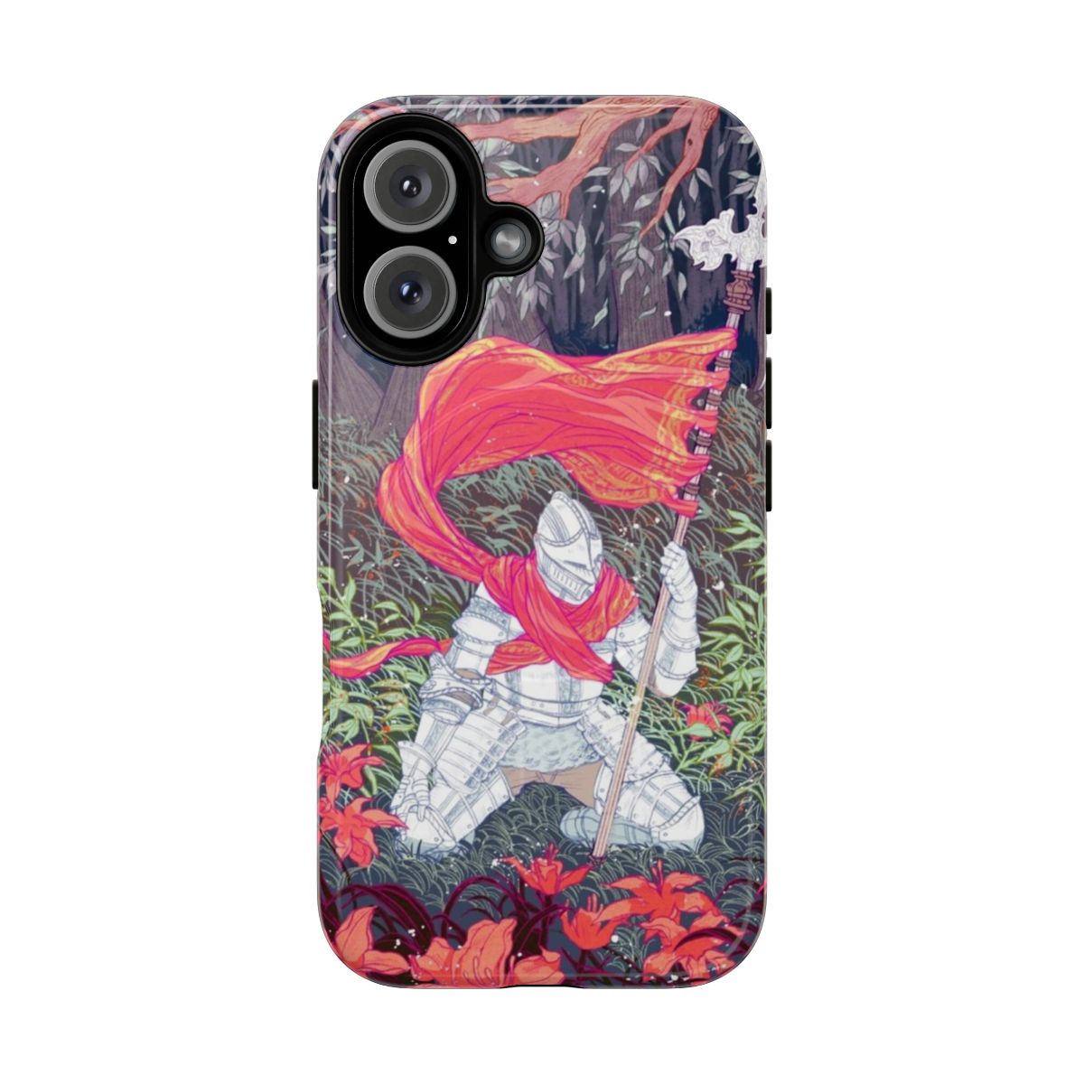 Protective phone case with medieval knight armor and fantasy floral design