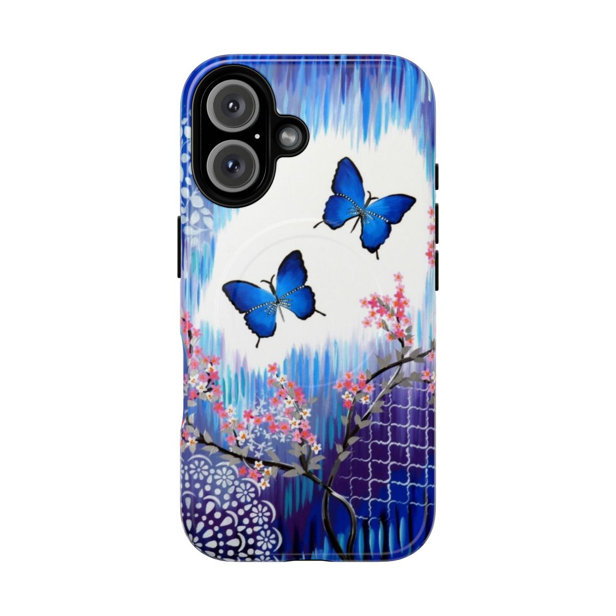 Blue butterfly design on a durable, magnetic phone case