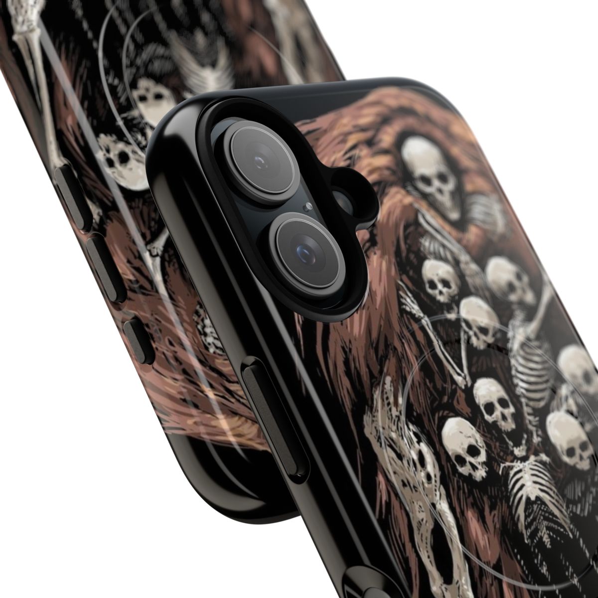 A dark and spooky phone case featuring a skeleton design, inspired by the Dark Souls video game series. - Detail