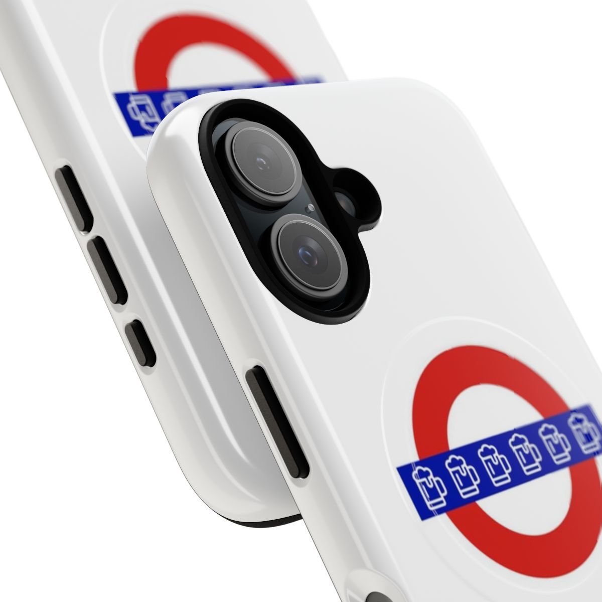 Magnetic tough phone case featuring a London tube station sign design with a beer pint graphic. - Detail