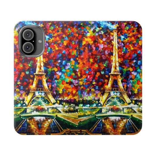 Leonid Afremov inspired flip cover phone case featuring a painting of a Paris cityscape at night.