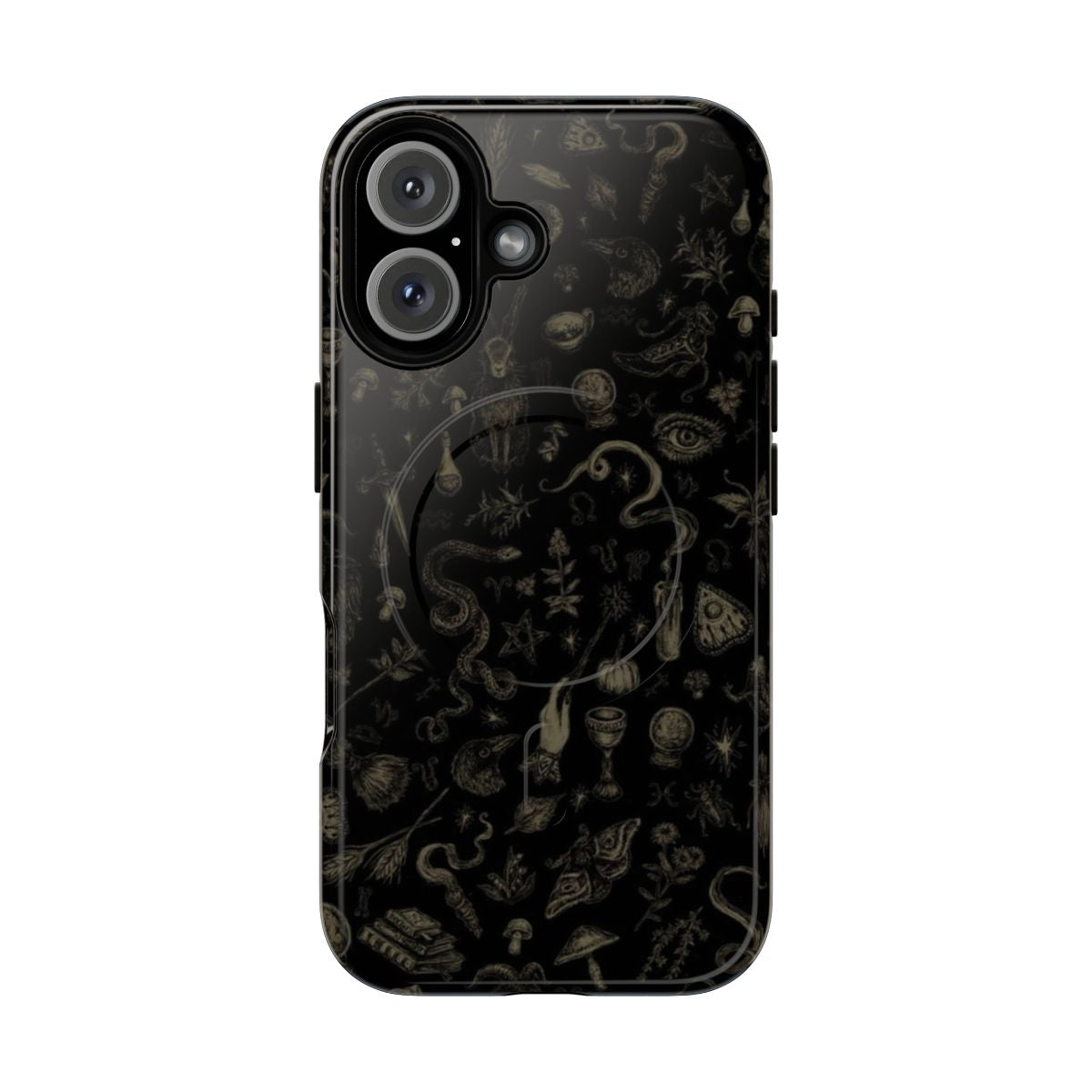 Spooky witch-themed magnetic tough phone case with black and beige design