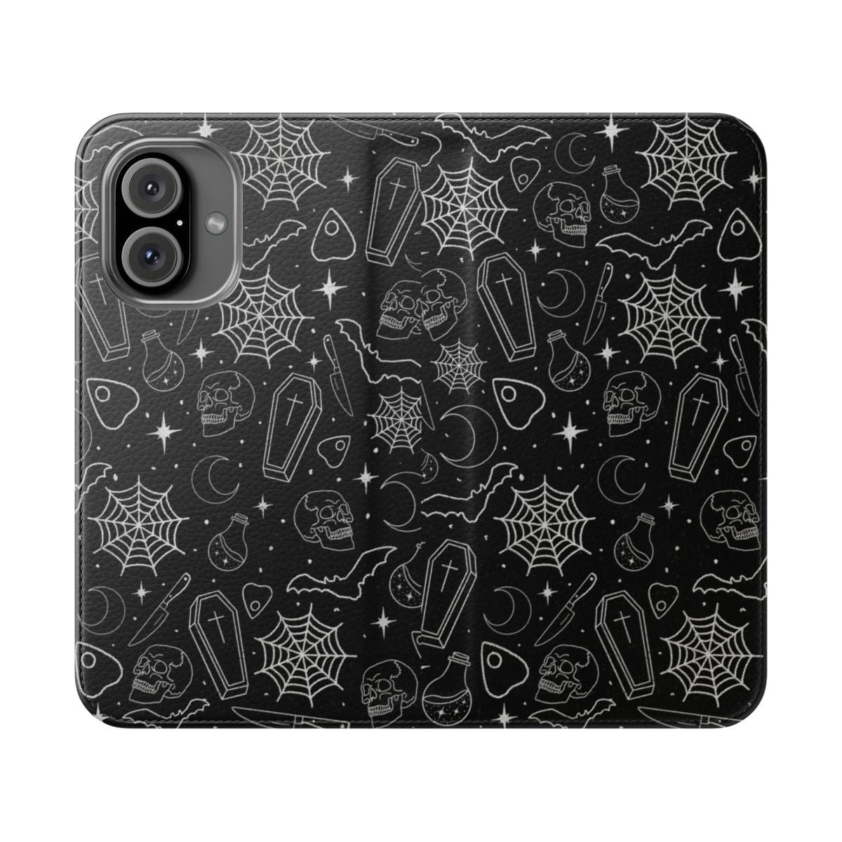 A spooky flip phone case featuring skulls, bats, and other Halloween-inspired designs.