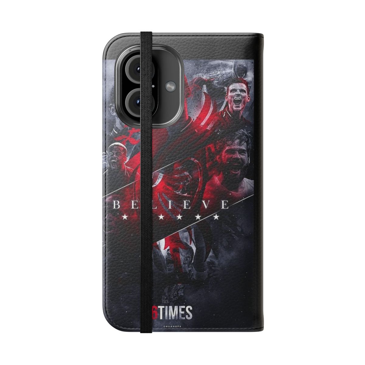 Protective phone case featuring the Liverpool FC "6 times" slogan and players - Folded Front