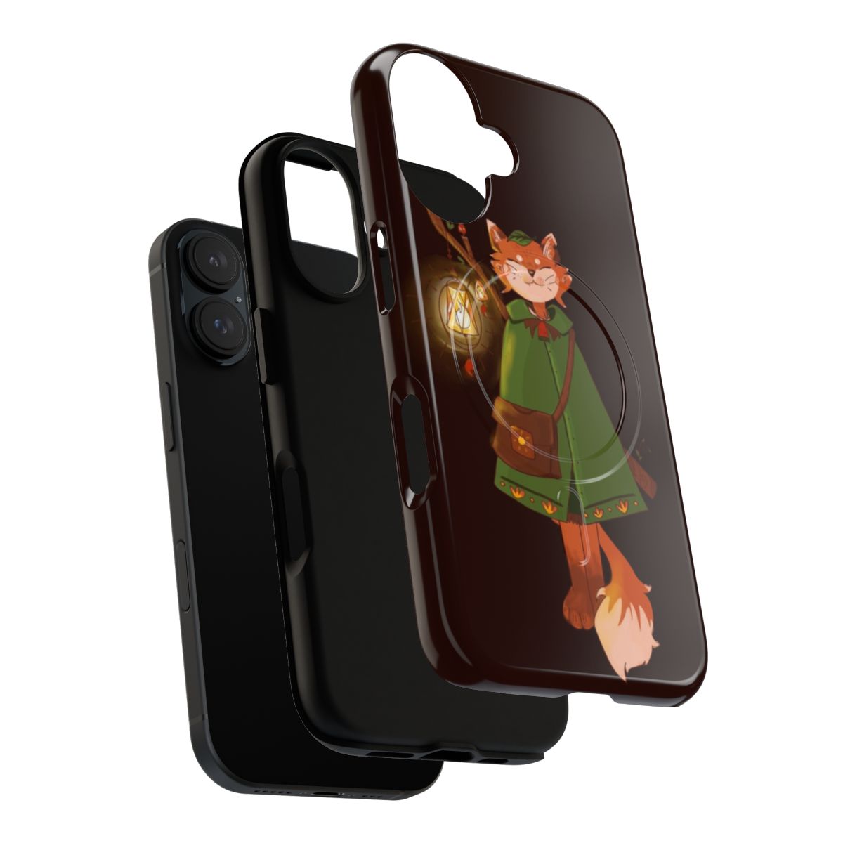 A digital illustration of an adventurous red fox character in a woodland setting, featured on a magnetic phone case. - Layers