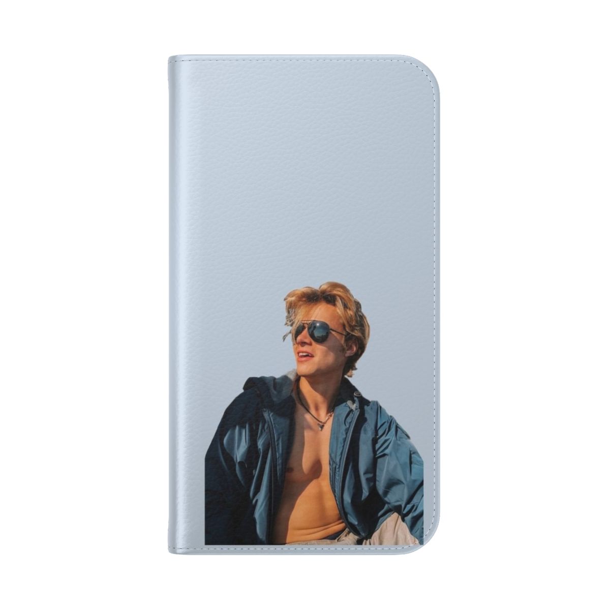 Outer Banks-themed flip cover phone case with Rudy Pankow character design - Folded Back