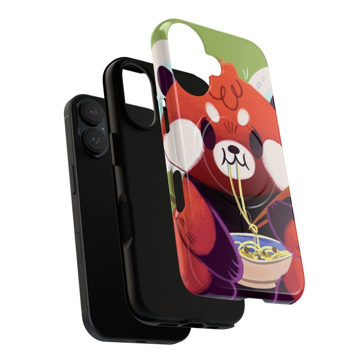 Whimsical illustration of a red panda enjoying a bowl of ramen on a red and green phone case. - Layers