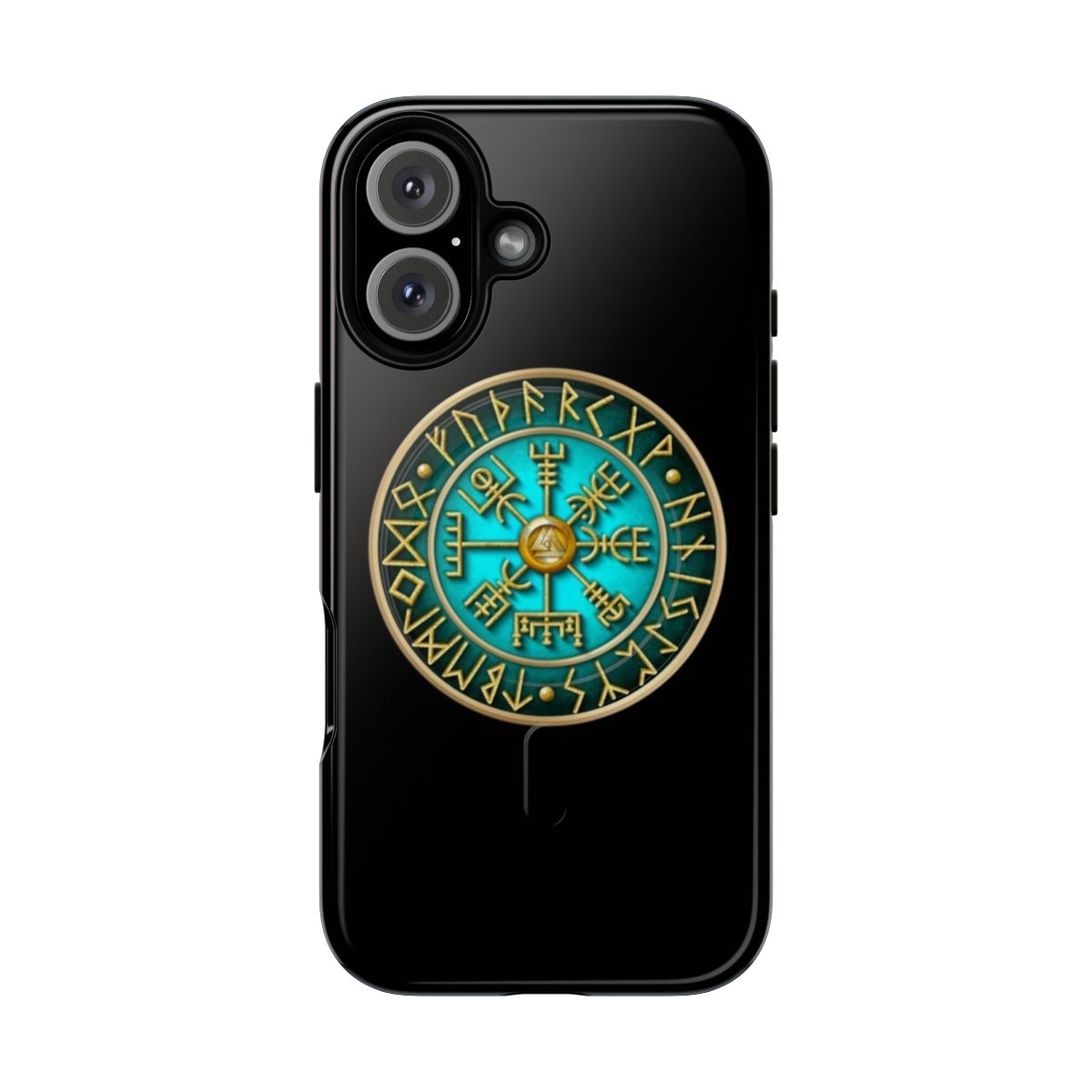 Teal magnetic tough phone case featuring a Norse Vegvisir rune design