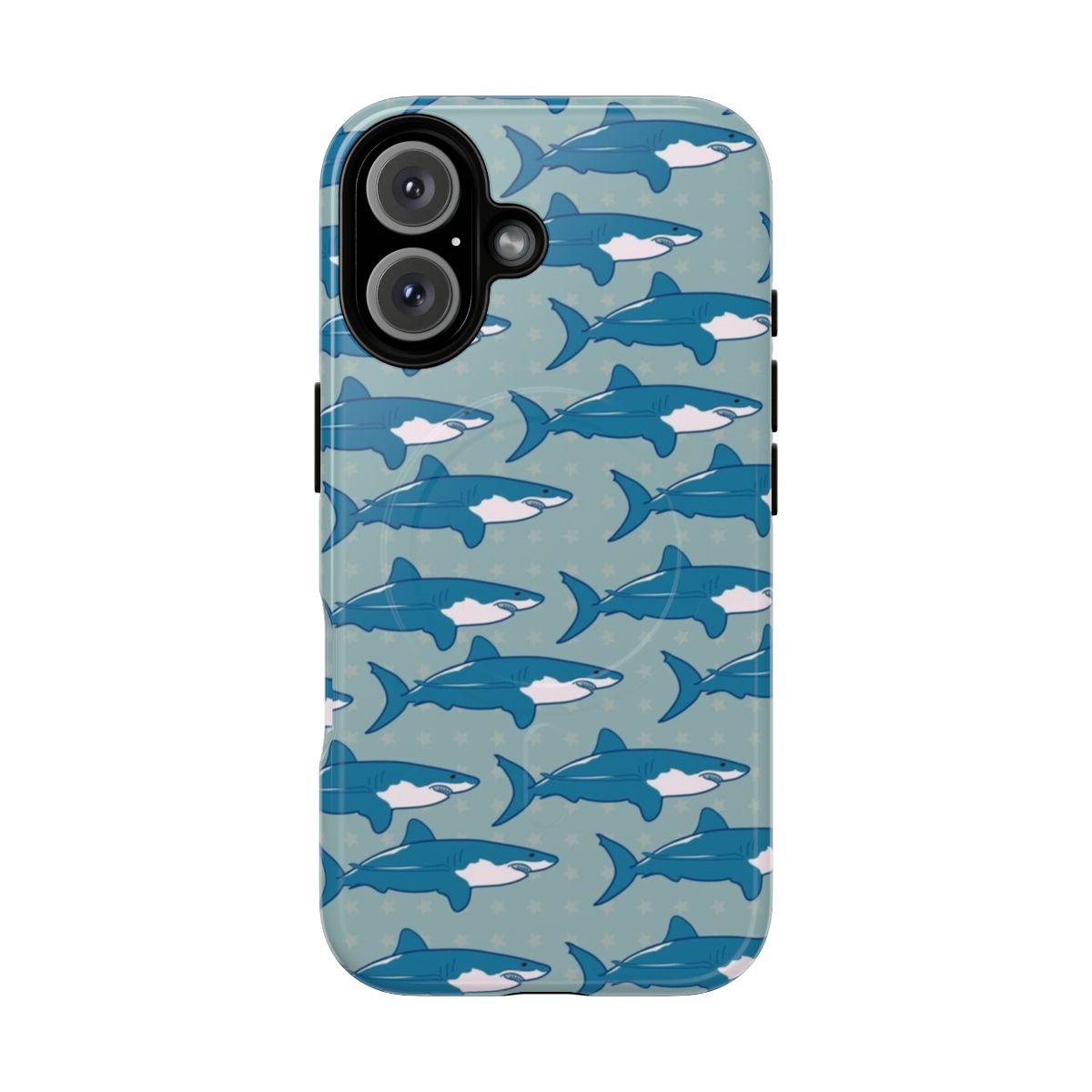 A phone case with a vibrant shark pattern design, featuring blue sharks and polka dots on a magnetic, tough case.