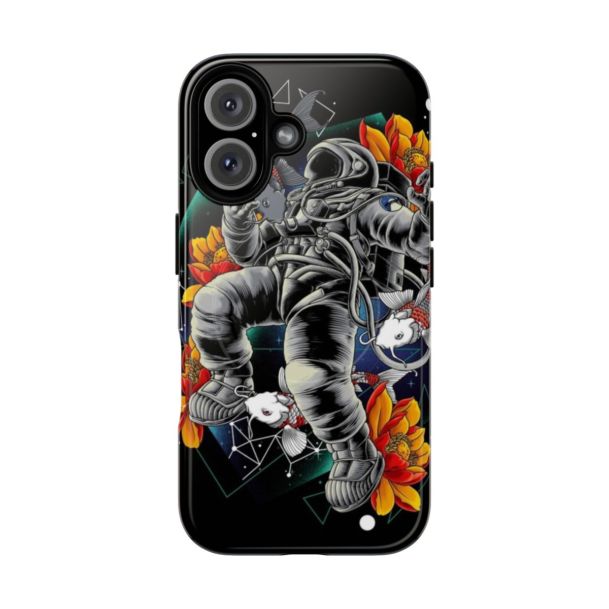 Intergalactic-themed phone case with astronaut, space, and cosmic design elements