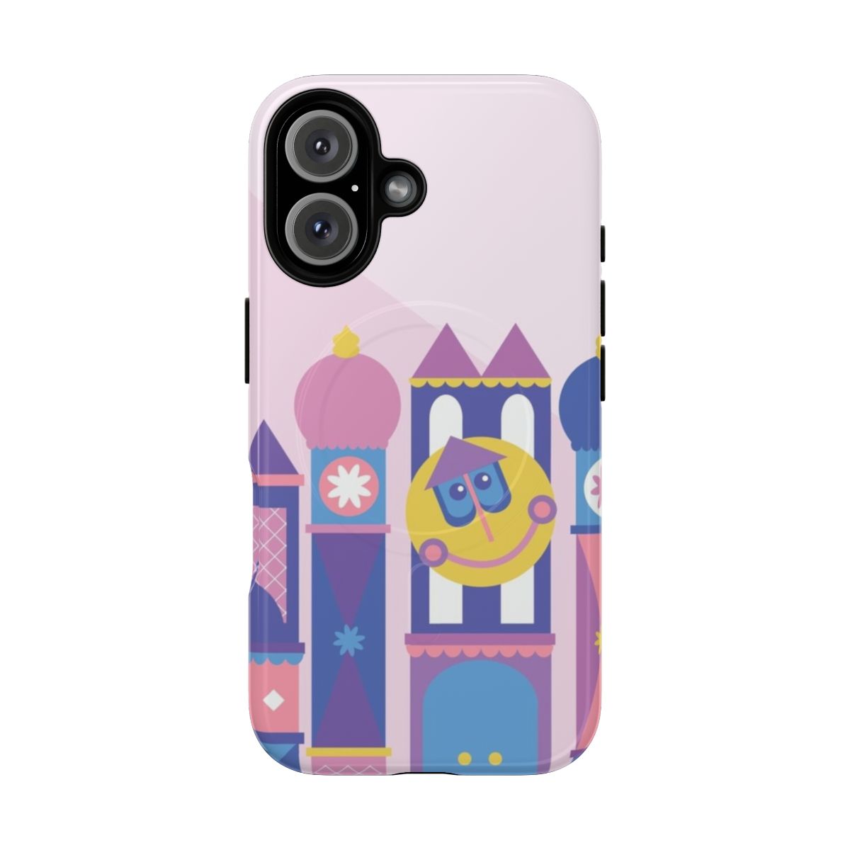 A pastel-colored phone case featuring a cartoon building from the 'It's a Small World' Disney attraction.